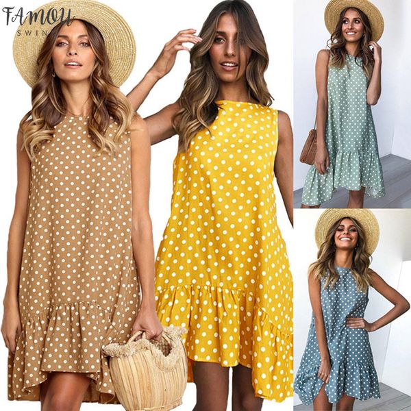 

plus size ruffled vestidos vintage women summer dress 2020 loose mini casual dresses female sleeveless blue polka dot dress dots, Black;gray