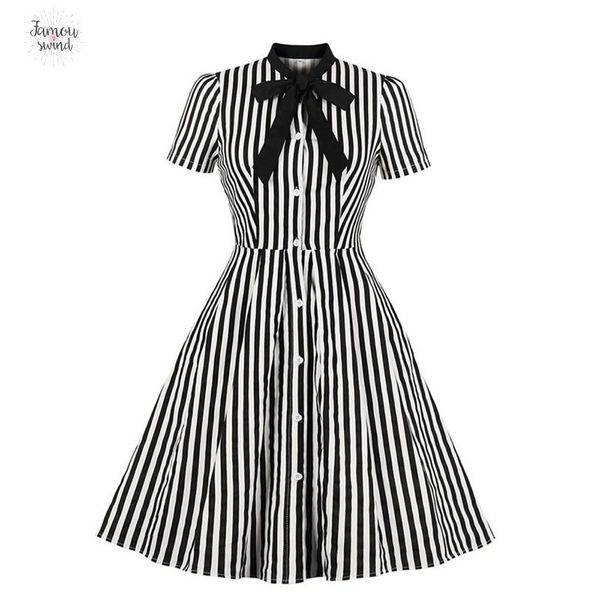 

vintage stripe midi платья смычка лета женщин 50s платье воротник элегантный офис повседневная стильная гот дамы rockabilly, Black;gray