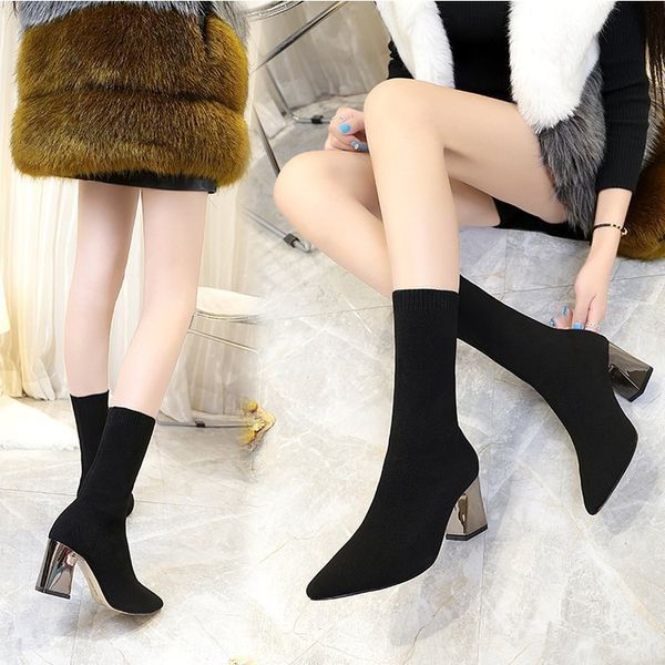 

boots woman autumn women's shoes high with sharp elastic force boots socks single wool, Black
