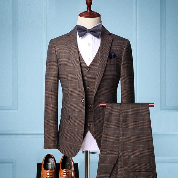 

men's suits & blazers gentleman fashion plaid slim fit men suit business formal casual 3 pcs set terno masculino groom wedding dress tu, White;black
