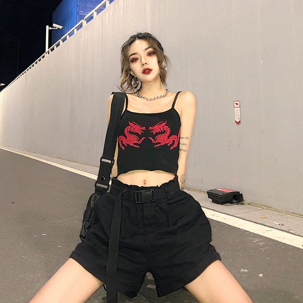 

focal20 streetwear dragon print women tank camis crop solid color summer women camis loose lady crop, White