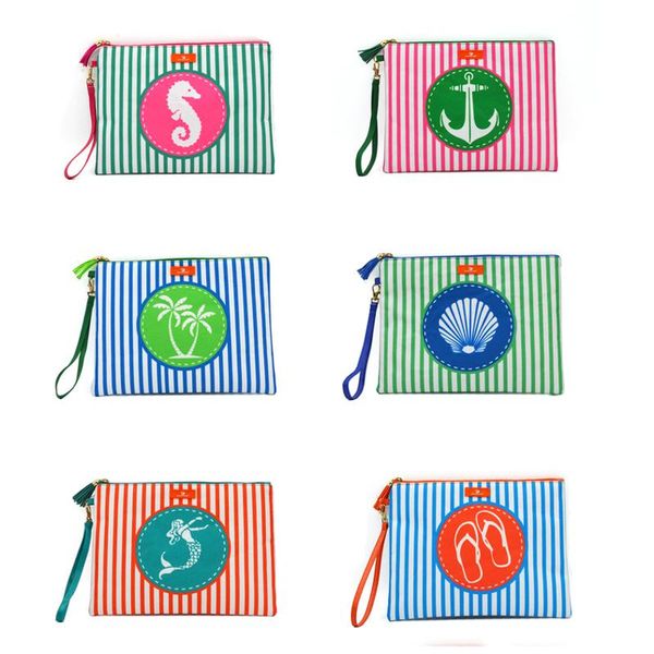 

designer- wet bikini bag bohemian waterproof women handbag with wrist strap girl stripe shell pattern clutch beach bag with tassel