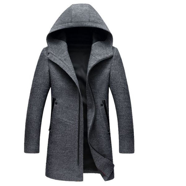 

2019 winter british style men's wool coat new design zipper long trench coat brand clothing hooded woolen, Black