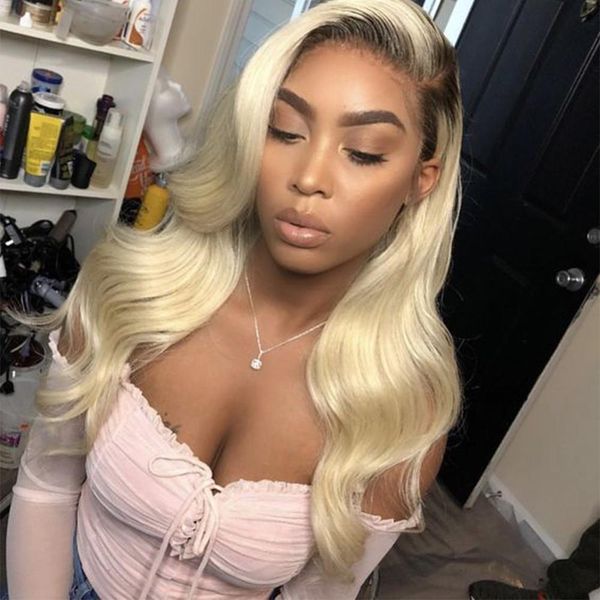

613 ombre blonde body wave парик блондинка с черным корневые 100% человеческих волос фронта шнурка для женщин 13 * 4 швейцарского кружева па, Black