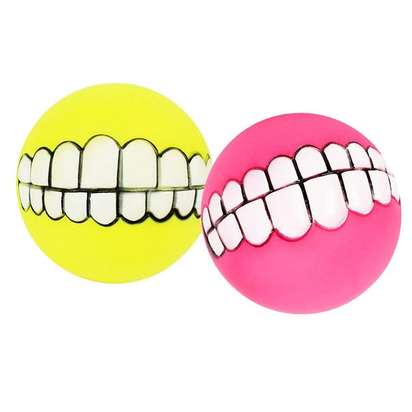 

set of 2, vinyl dog puppy squeaker fetch ball funny teeth toy random color