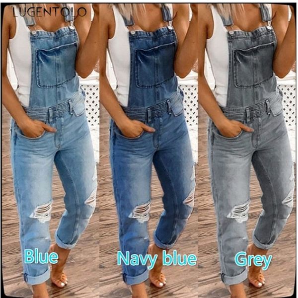 

women's jeans lugentolo women long summer washed slim-fit fashion suspender trousers hole casual pveralls, Blue