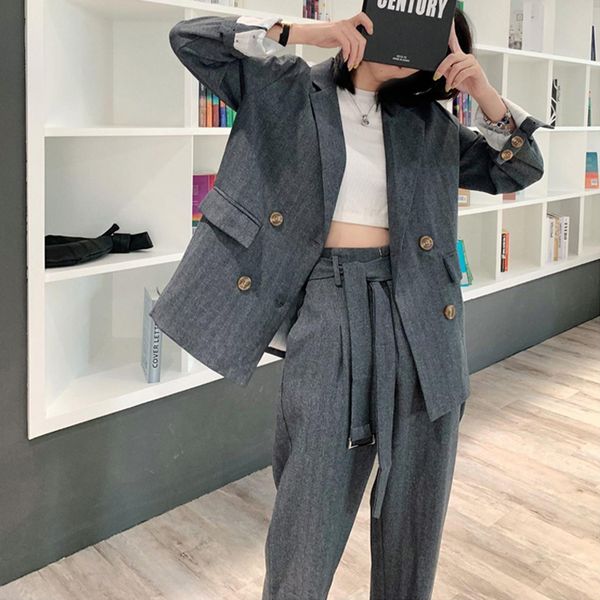 

casual women 2 pieces sets double-breasted blazer & belted pant office ladies pant suits 2020 spring loose blazer sets, White;black