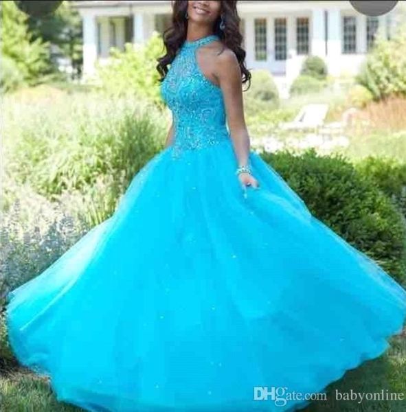 

2020 бальное платье светло-голубой тюль quinceanera платья холтер шеи бисер аппликации рукавов сладкие 16 quinceanera мантий bc0965, Blue;red