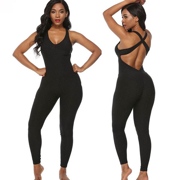 

women yoga jumpsuit bubble jacquard sports tights v neck cross back gym bodysuit leggings female butt lifting workout pants sea 05, White;red