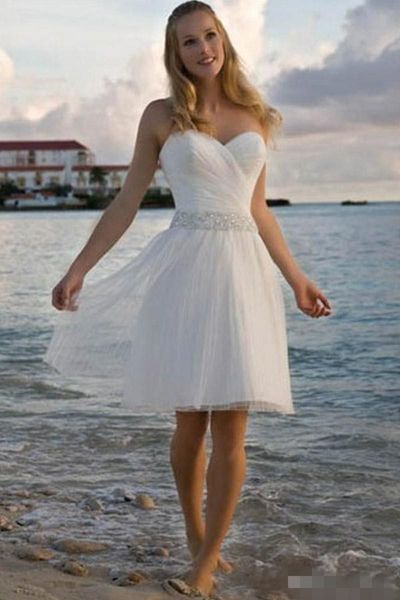

2019 simple short beach wedding dresses tulle beaded sequins sweetheart neckline ruched pleats custom made wedding bridal gown, White