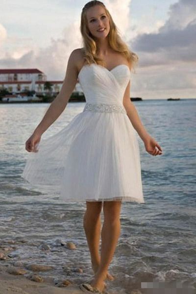 2019 Abiti da sposa semplici da spiaggia corti Tulle con paillettes in rilievo Scollo a cuore pieghe increspate Abito da sposa su misura