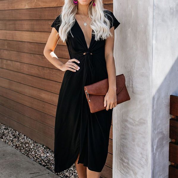 

2020 платье спереди твист vent сплошной цвет с коротким рукавом v lead сексуальное платье, Black;gray