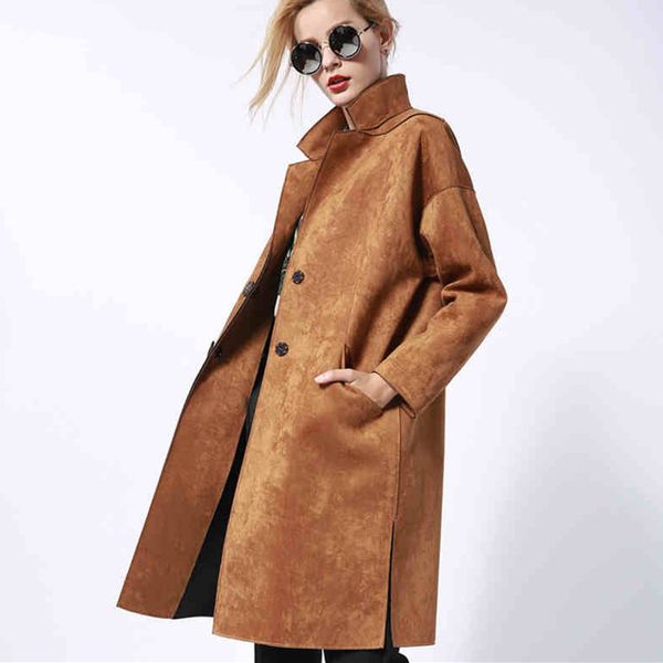 

warm lapel suede loose long trench women autumn winter fashion casual slim overcoat button faux leather cocoon windbreaker p1635, Black