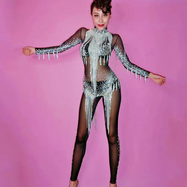 

bright silver rhinestones tassel jumpsuit crystals black mesh bodysuit women celebrate costume female nightclub bar outfit dt395, Black;red