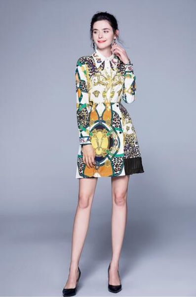

european and american women's lapel long-sleeved shirt + pleated slim half skirt print two-piece, Black;gray