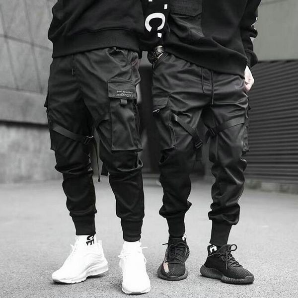 

new fashion men ribbons color block black pocket cargo pants 2019 harem joggers casual sweatpant hip hop trousers