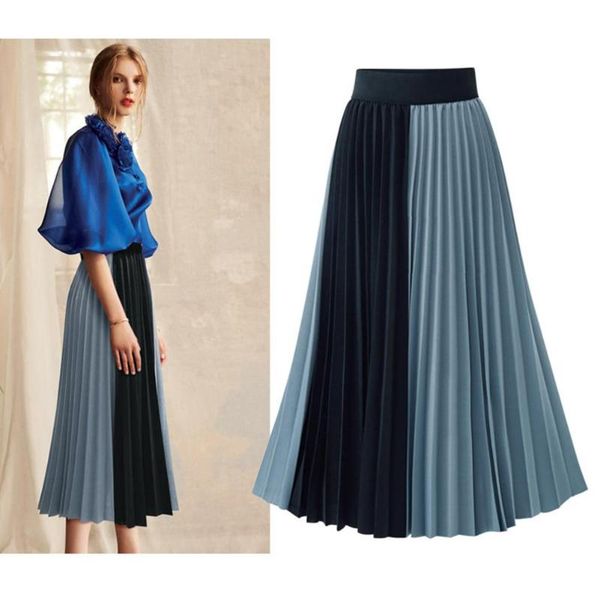 

yfashion women pleated skirt plus size combined color elastic waist spring summer skirts women fashion middle long skirt, Black