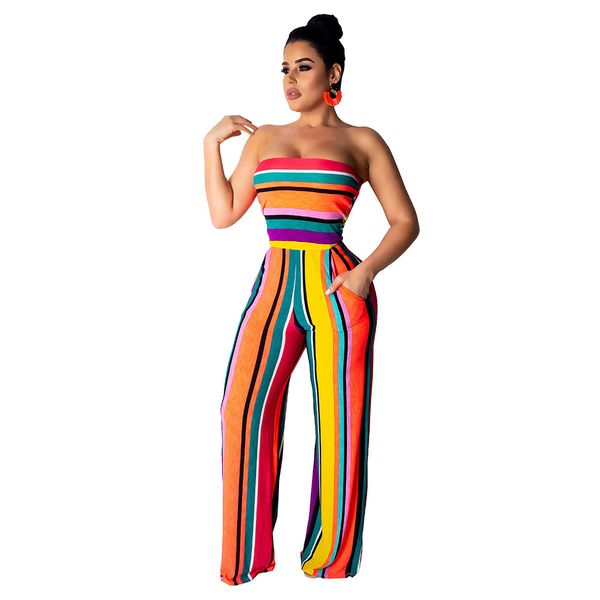 

women elegant striped rompers high waist jumpsuit casual slash neck strapless long pants playsuit night club overalls, Black;white
