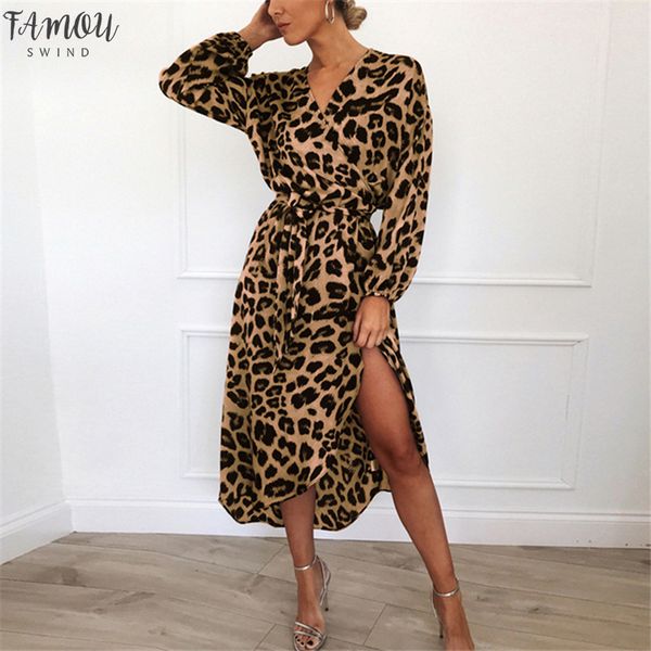 

leopard dress 2020 women chiffon long beach dress loose long sleeve deep v-neck a-line party dress vestidos de fiesta, Black;gray