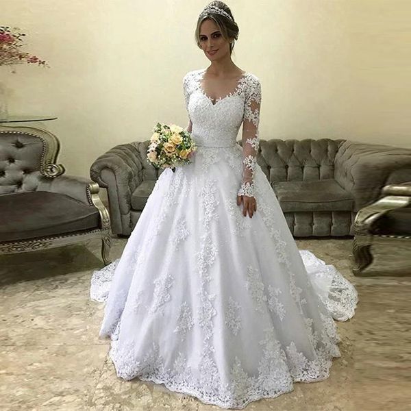 

деревенское v-образным вырезом белый бальное страна свадебные платья с длинным рукавом sash лиф кружева аппликациями vintage свадебные плать, White