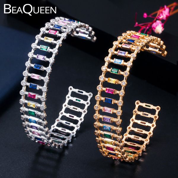 

beaqueen colorful tennis design cubic zirconia big wide rainbow open cuff bangles 585 gold color wedding jewelry for women b197, Black