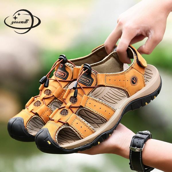 

size 38-47 mens sandals summer male sandals genuine cow leather ankle-wrap hook loop classics plus size beach man shoes h74, Black