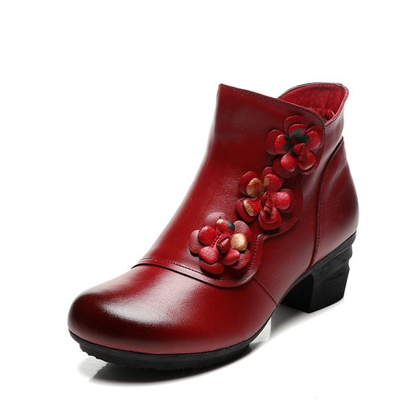

new cow leather ankle boots women shoes genuine leather winter boots soft flower comfortable warm spare heel, Black
