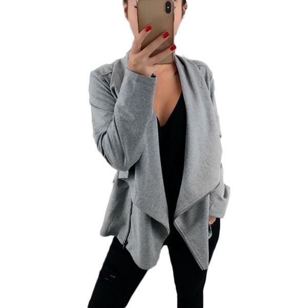 

2019 diagonal zipper design women casual solid color turn-down collar autumn winter long sleeve jacket coat chaqueta mujer, Black;brown