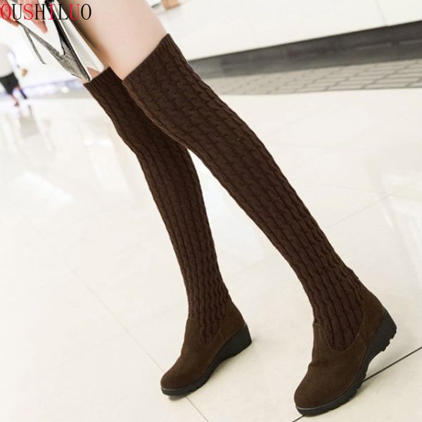 

women's high boots 2019 autumn winter knitting wool ladies shoes thigh high boots for women long boot wedges woman boot, Black