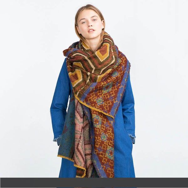 

designer scarf women autumn winter new thick geometric print chinese style cashmere scarf female imitation cashmere warm super large shawl, Blue;gray