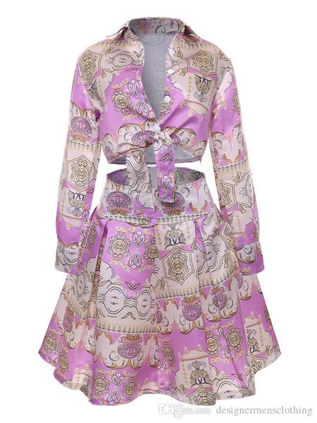 

summer pleated skirt two piece dress women print long sleeve 2pcs sets ladies skirts with button, White