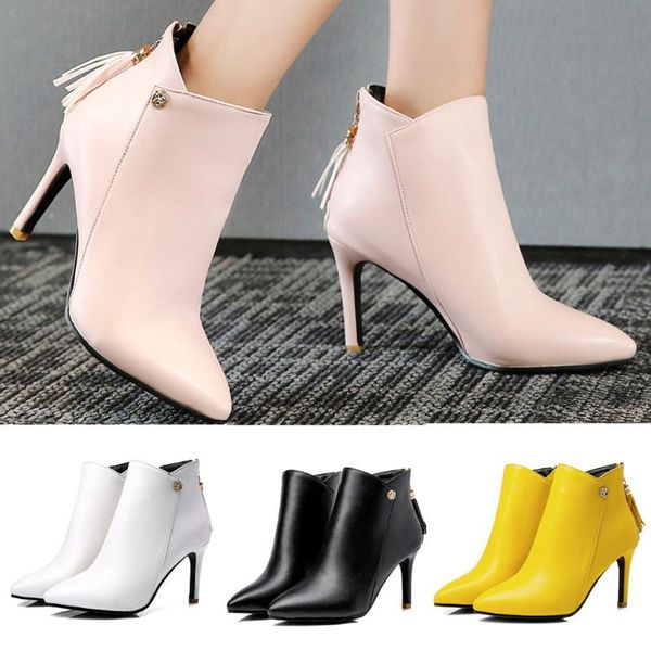 

fashion pure color pointed toe zipper boots thin heels casual women shoes, Black