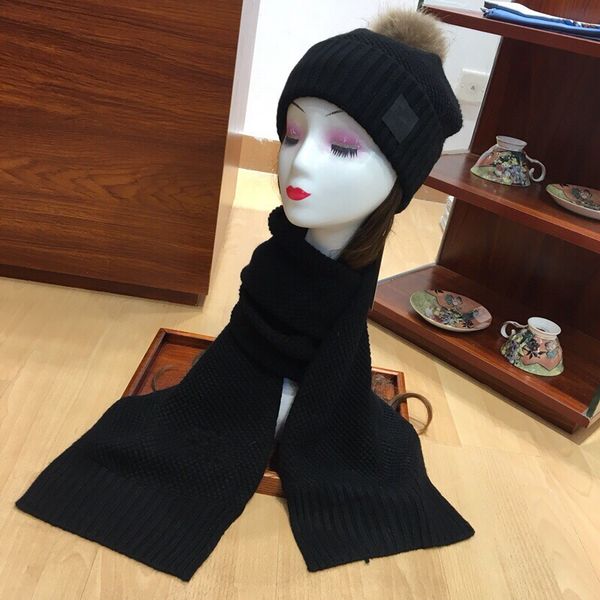 

2020 cotton knitting wool black scarf and hat set women's winter warm hats with box, Blue;gray