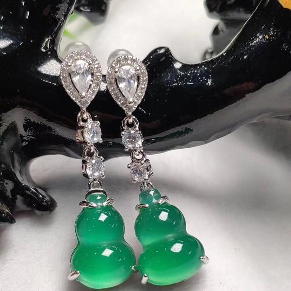 

925 pure silver natural green emerald earrings long daughter, Golden;silver