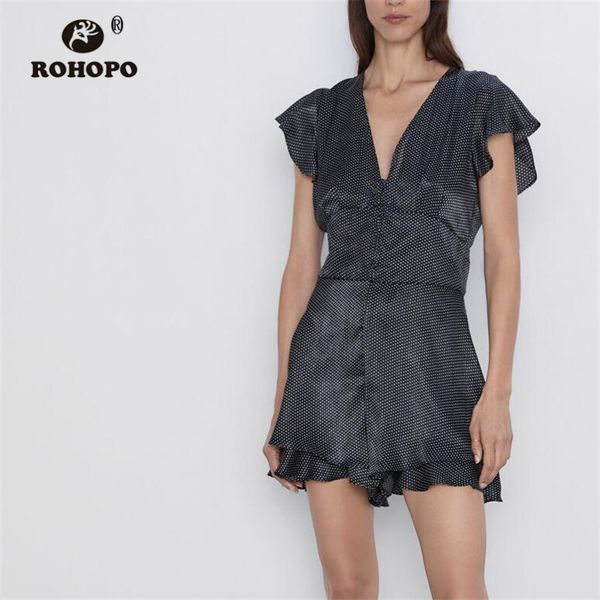 

rohopo white polk dot black jumpsuit butterfly sleeve flared skirt buttoms woman autumn romper #8979, Black;white