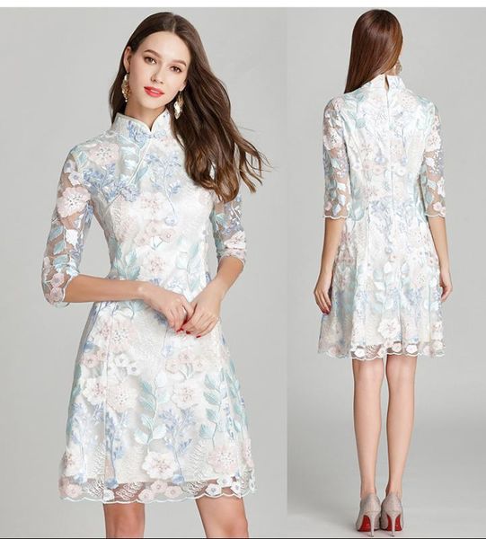 

женщина платье cheongsam свободно старинные платья с блестками тонкие и длинные средней длины качели платья для женщин ретро, White;black