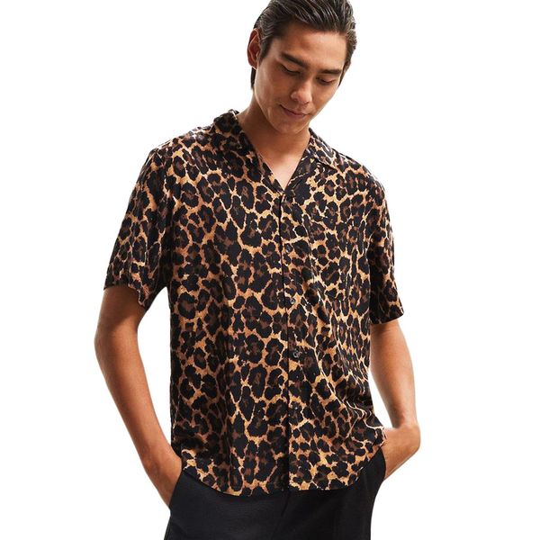 

summer men's shirts blouse casual streetwear lapel leopard print short sleeve fashion beach men dress shirts clothing, White;black