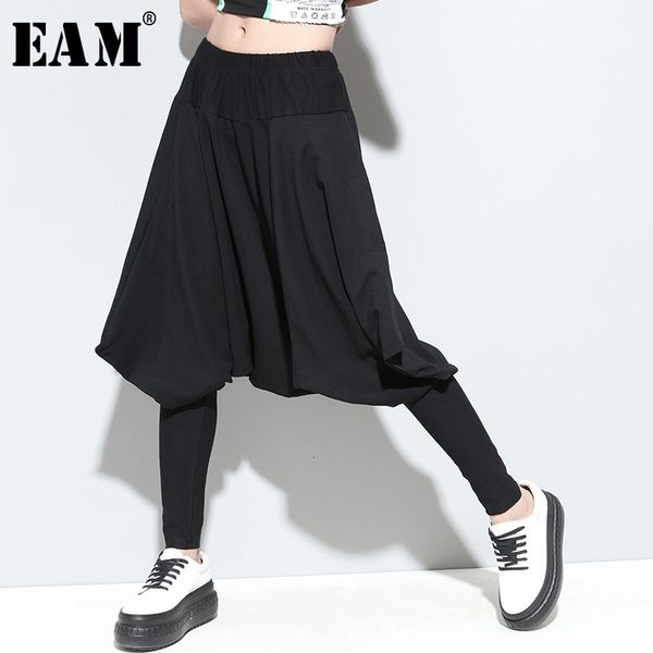 

eam] 2020 spring fashion new hight waist black loose elastic waist harem pants women trousers all-match yc79601, Black;white