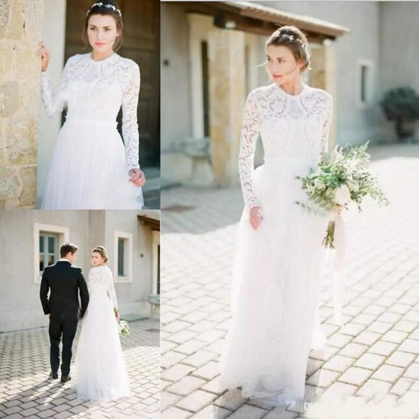 

lace long sleeve wedding dresses vestidos a-line sheer neck zipper back floor length tulle country wedding bridal gowns plus size, White