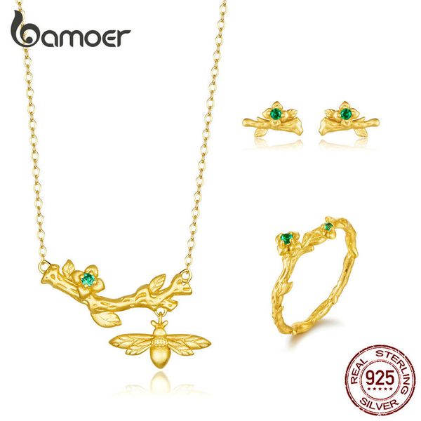

bamoer bee with flower branch gold wedding jewelry sets for women genuine 925 sterling silver stud earrings female gifts zhs157, Black