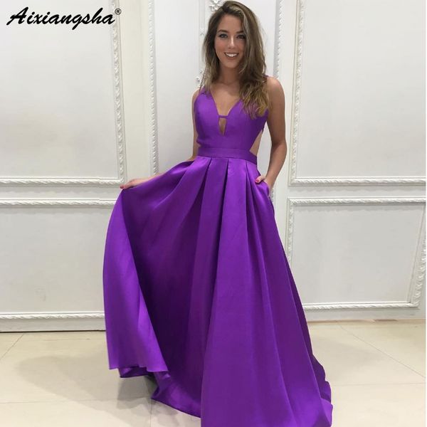 

simple a-line satin long evening party gowns with pocket v-neckline sleeveless open back purple prom dresses 2019, White;black