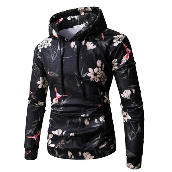 

men long-sleeves autumn winter floral print hooded jumper drawstring hoodie, Black