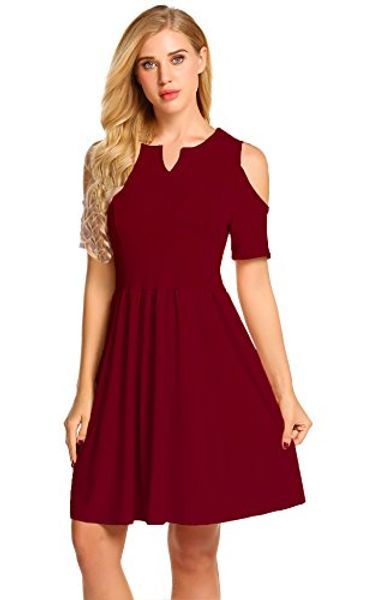 

women's casual summer v neck short sleeve dresses cold shoulder pleated a-line skater dress plus size, Black;gray