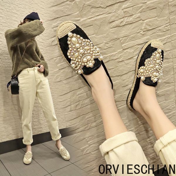 

2020 spring fashion outside wearing straw pearl water drill cool drag fisherman shoes lefof shoes half-dragging women's shoes, Black