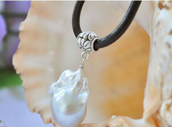 

huge 17" white baroque keshi reborn pearl pendant leather necklace, Silver