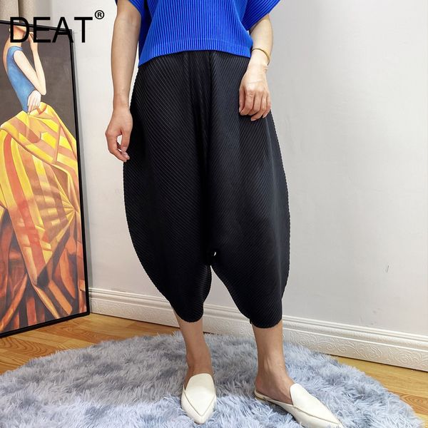 

deat] 2020 pleated cross-pants women drop high elastic waist slim solid high street new summer fashion fold clothing ar213, Black;white