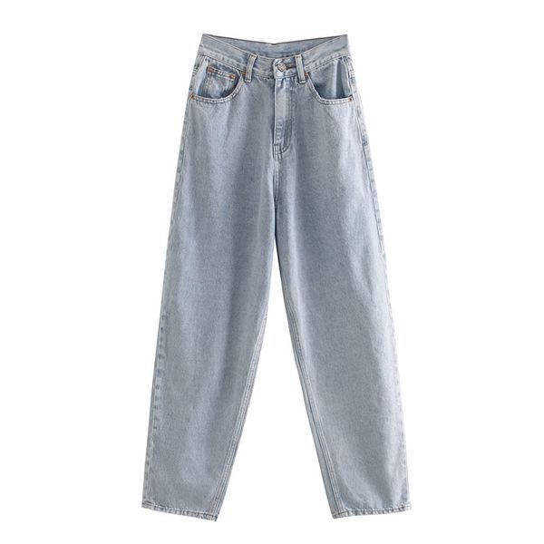 

2020 summer women casual denim jeans high waist pockets buttons full length jeans female street straight clothes, Blue
