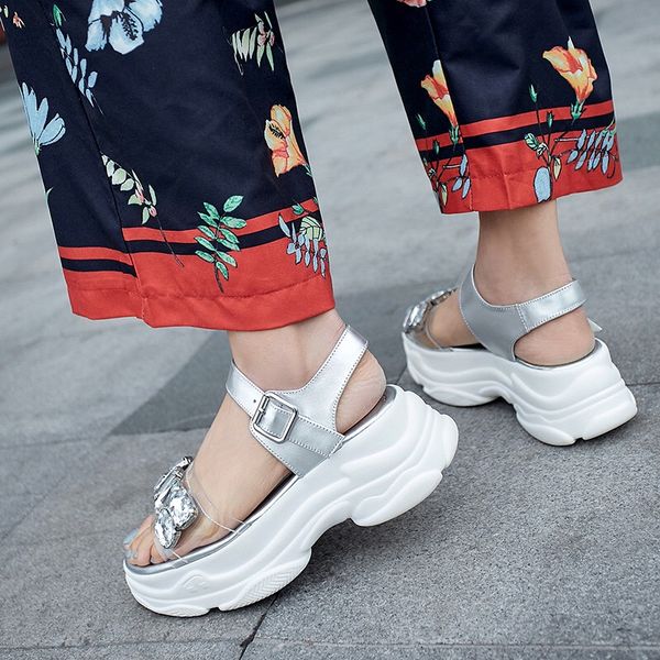 

summer high platform sandals 2019 women sport sandals genuine leather open toe shoes with rhinestones strap buckle, Black