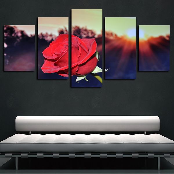 

5 panels sunset red rose flowers artworks giclee canvas wall art abstract poster canvas print oil painting wall decor