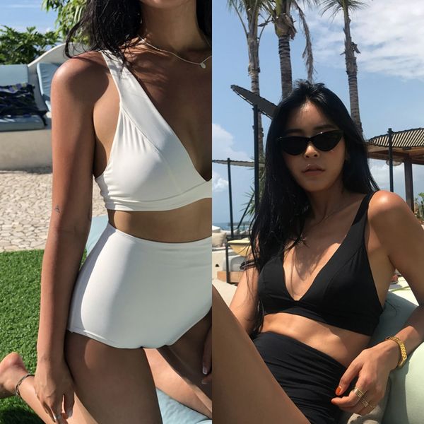 

simple deep v high-waisted belly slimming split spring holiday bikini swimsuit bikini swimsuit female, Black